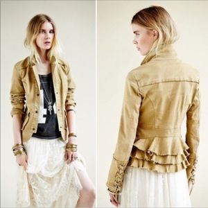 free people tan twill military jacket ruffles XS